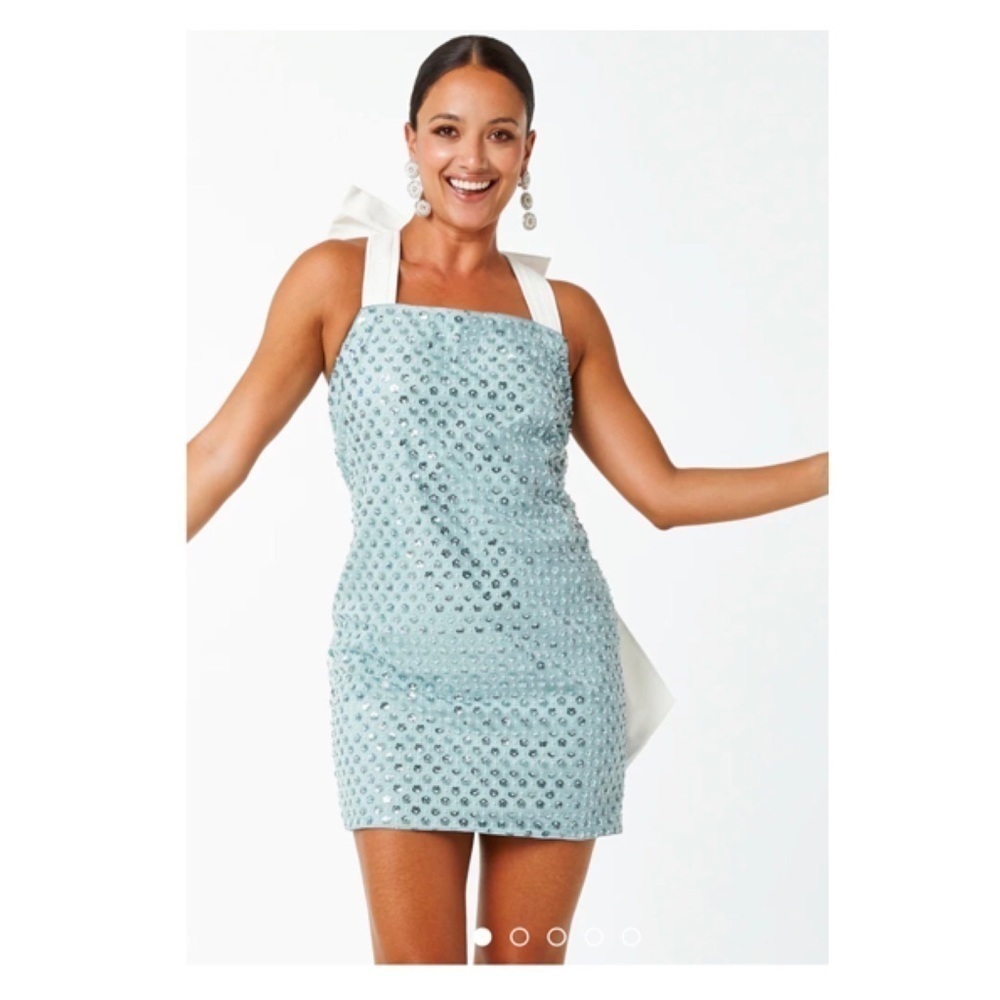 Mestiza Blue Sequin Bow Back Mini Dress Large Size 14 Cocktail Party - Picture 6 of 14